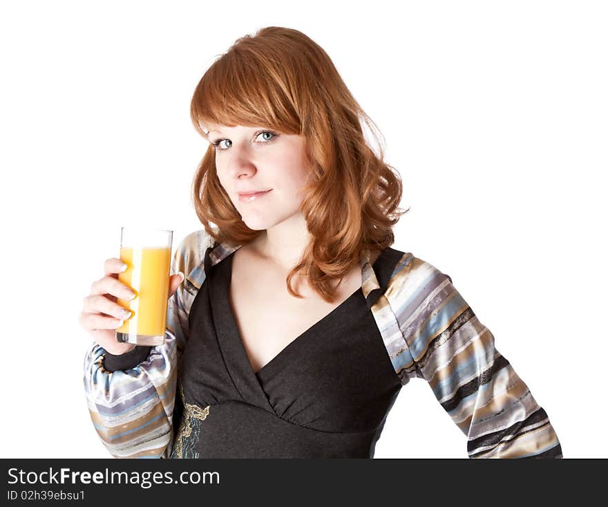 Beautiful girl with juice. Isolated on white