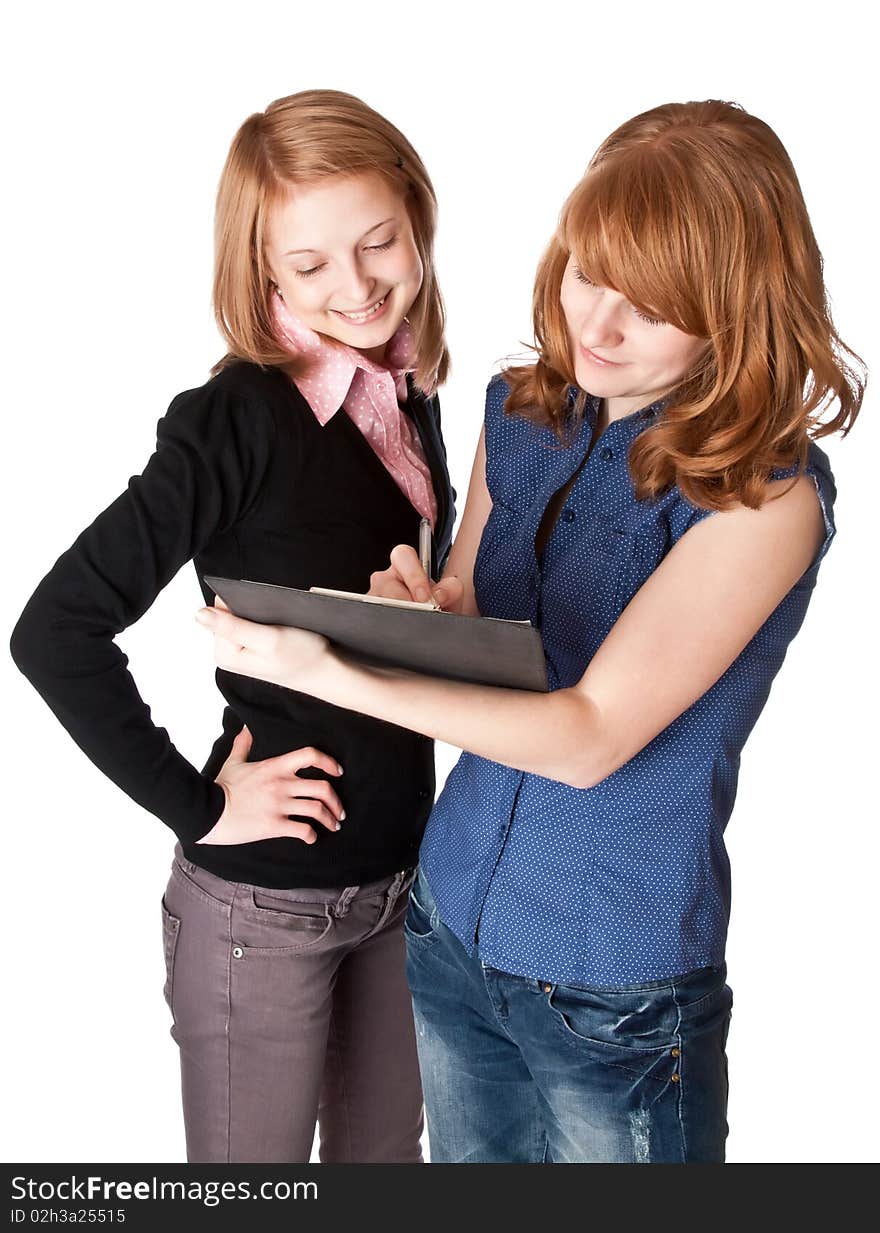 Two smiling girl with folder