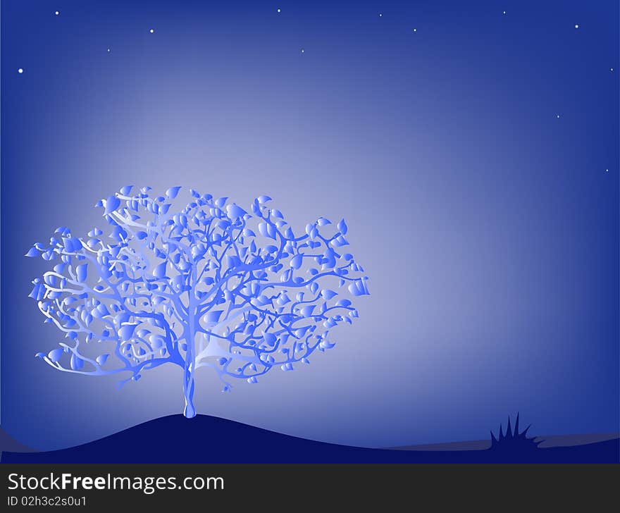 Tree on the night field.Vector illustration.