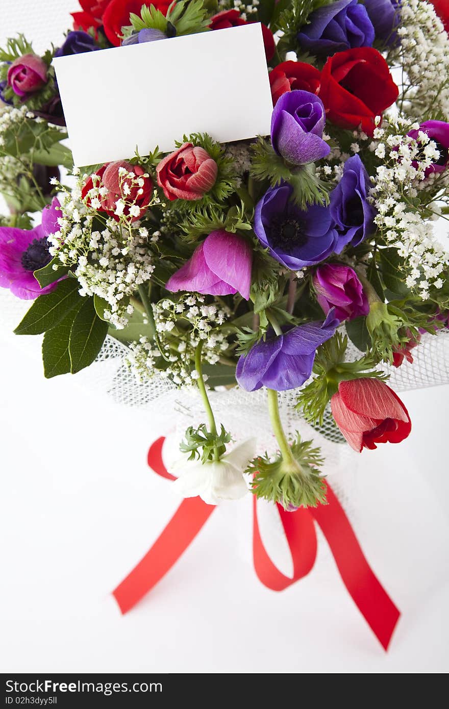 Bouquet Of Flowers With Blank White Card