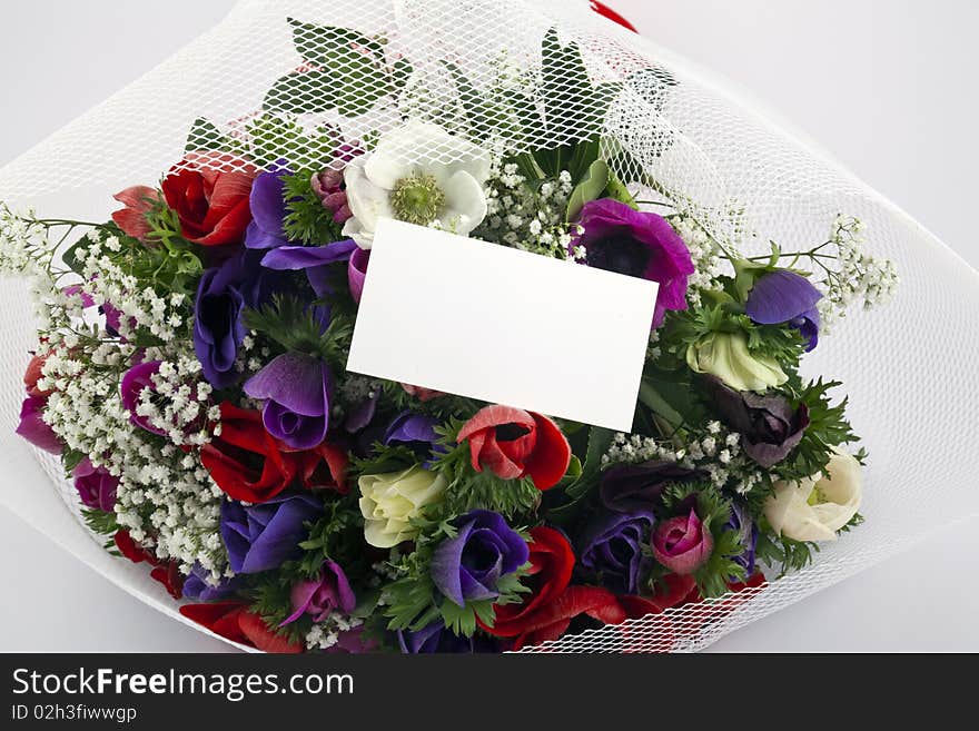 Bouquet Of Flowers With Blank White Card