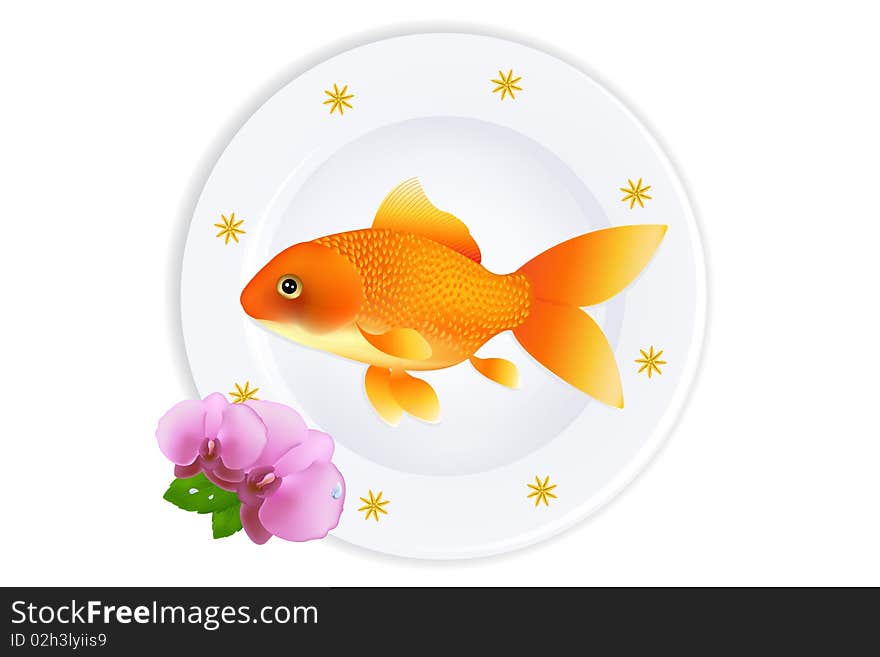 White Plate With Golden Fish, Golden stars, Flowers and leaves, Isolated On White. White Plate With Golden Fish, Golden stars, Flowers and leaves, Isolated On White