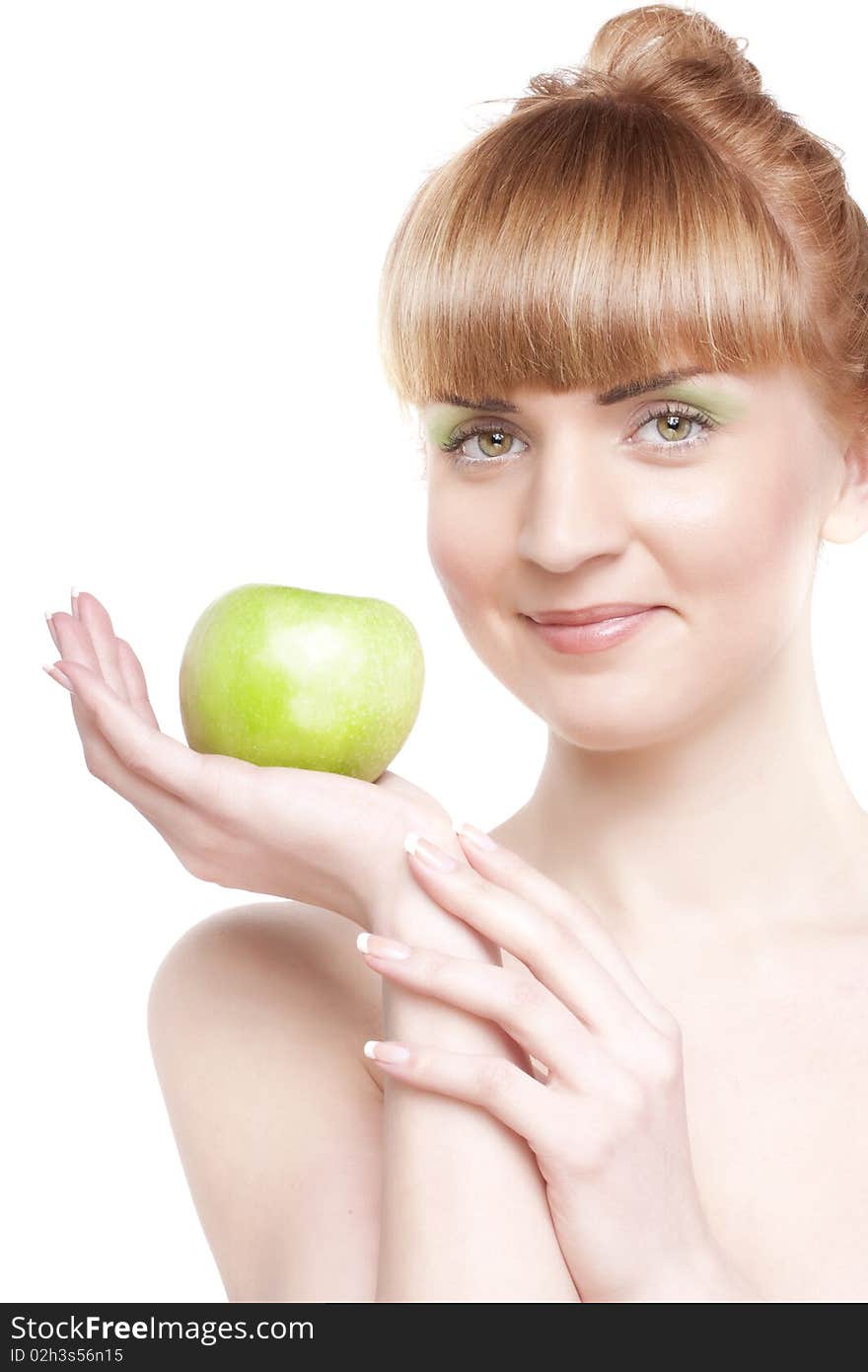 Beautiful smiling girl with green apple