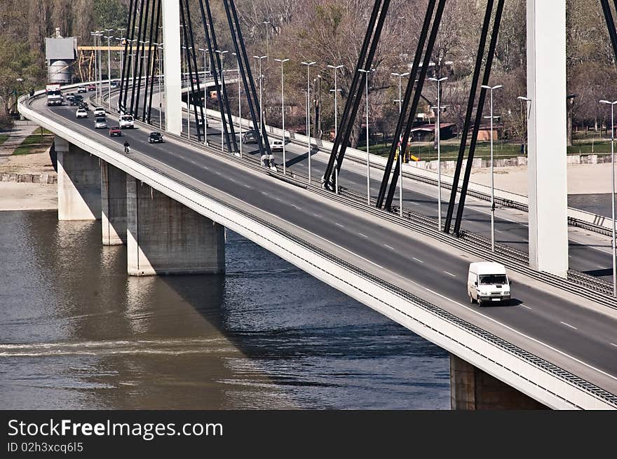 Modern bridge details. Pylons and steel stable cables