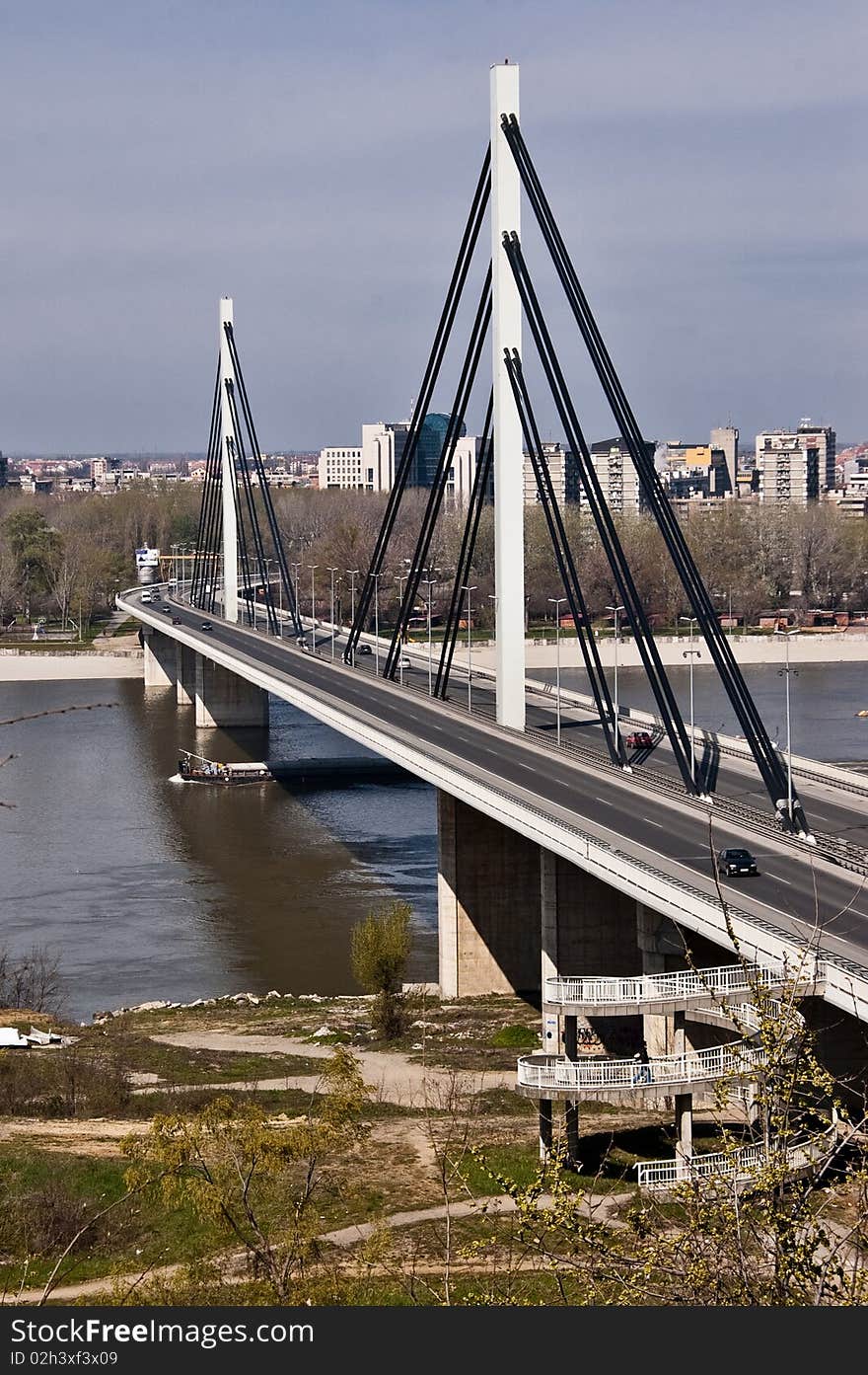 Modern bridge details. Pylons and steel stable cables