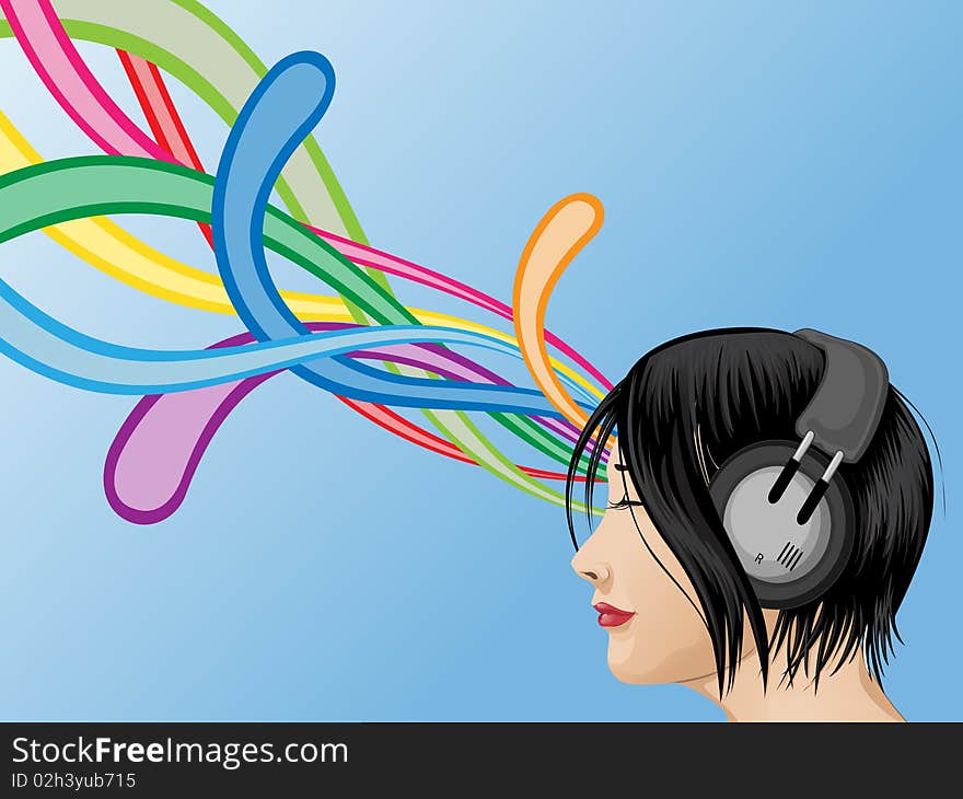 Illustration of a girl with headphone listening to colorful music. Illustration of a girl with headphone listening to colorful music