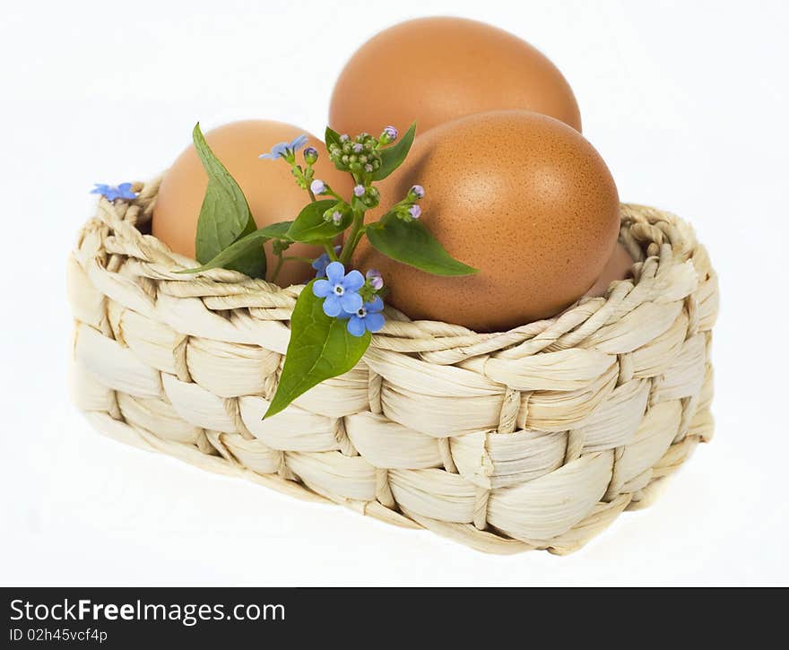 Blue forget-me-nots and eggs lie in basket on white background