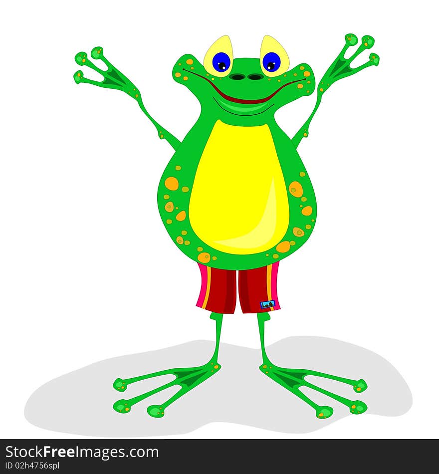 Cute frog waves hand for welcome. Cute frog waves hand for welcome