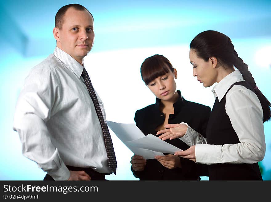 Men in white shirt and girl with women on blue background. Men in white shirt and girl with women on blue background