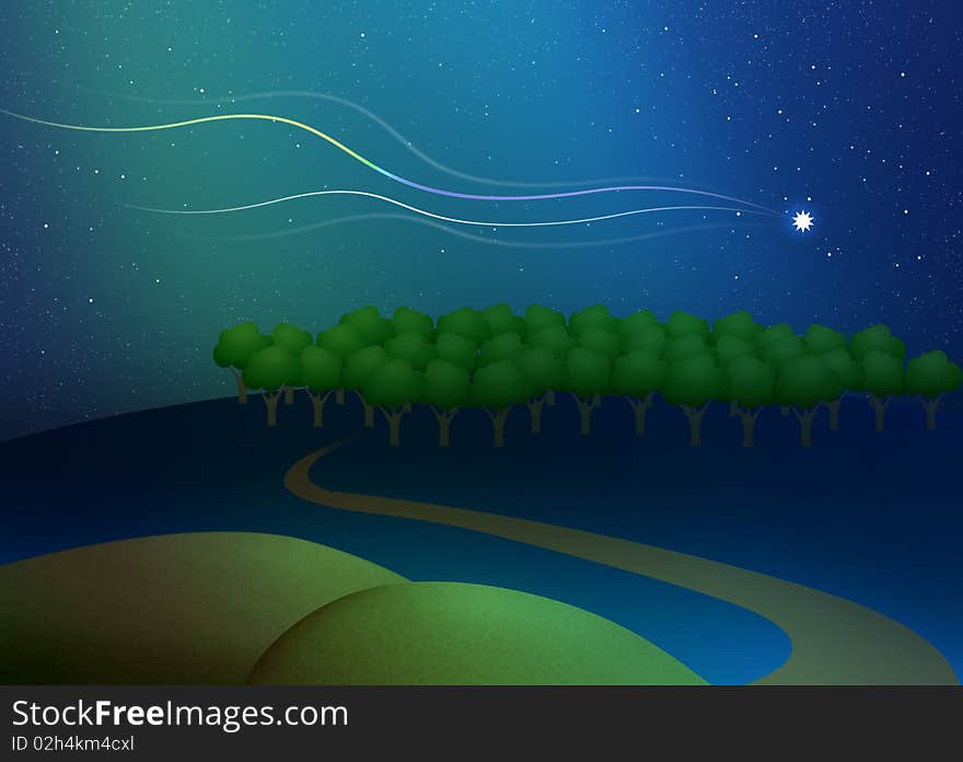 Summer night landscape with green trees and flying star