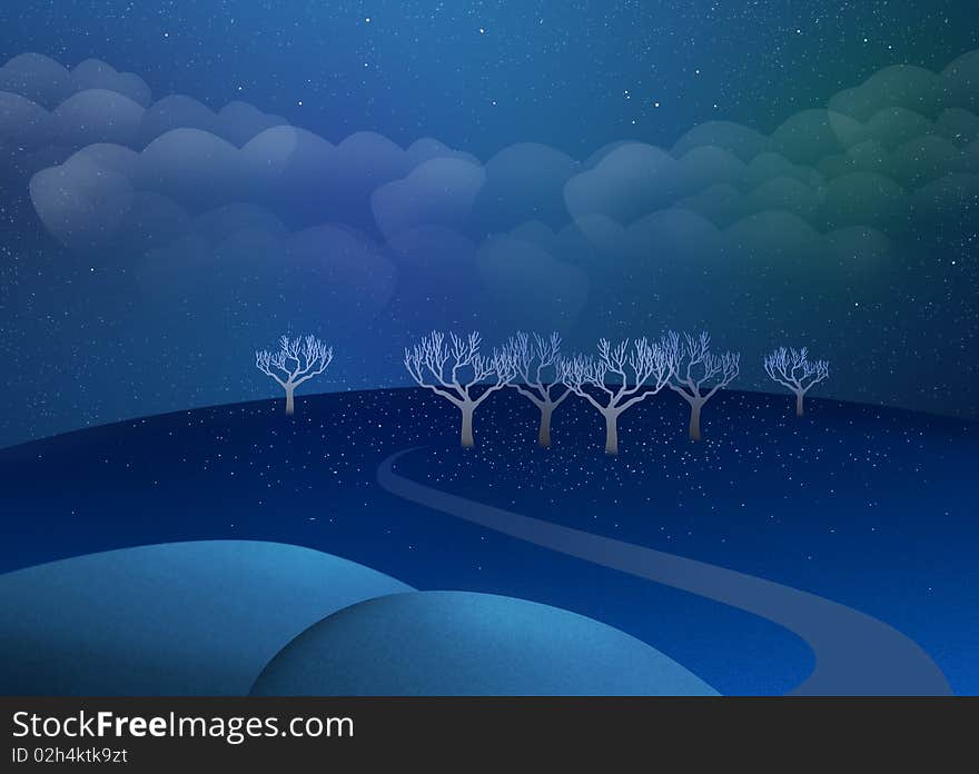 Winter night landscape with white trees and cloudy sky illustration