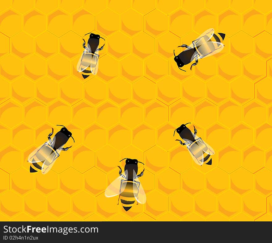 Bees On Honey Hive Background