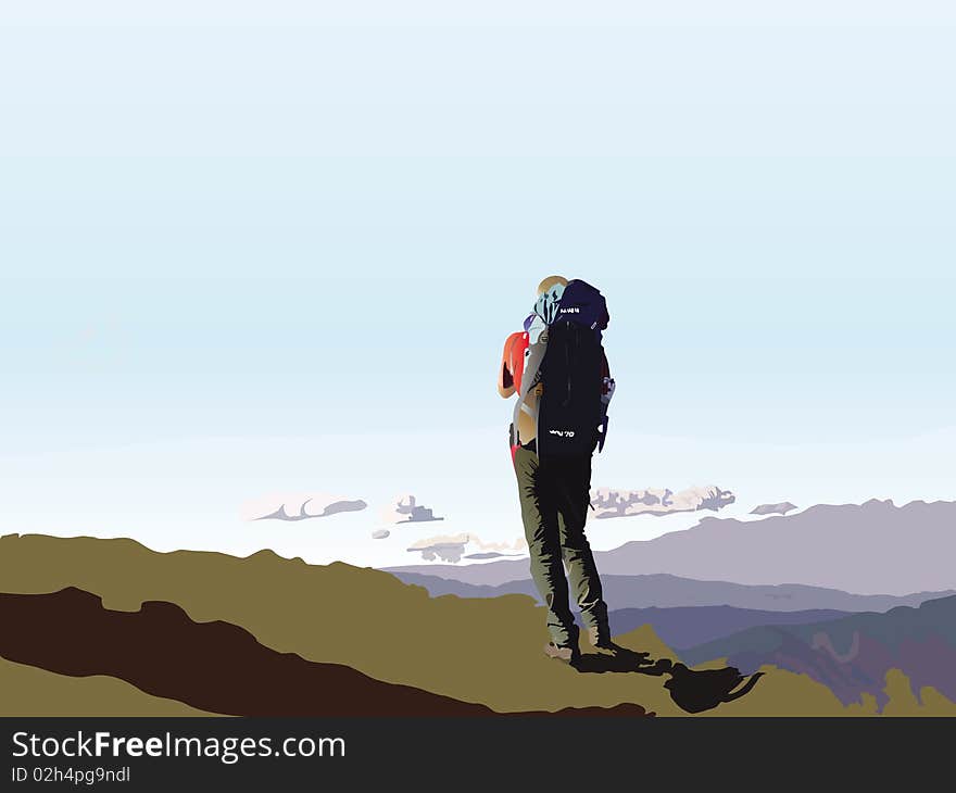 This is an illustration with a young climber admiring the view from the top of the mountain. This is an illustration with a young climber admiring the view from the top of the mountain