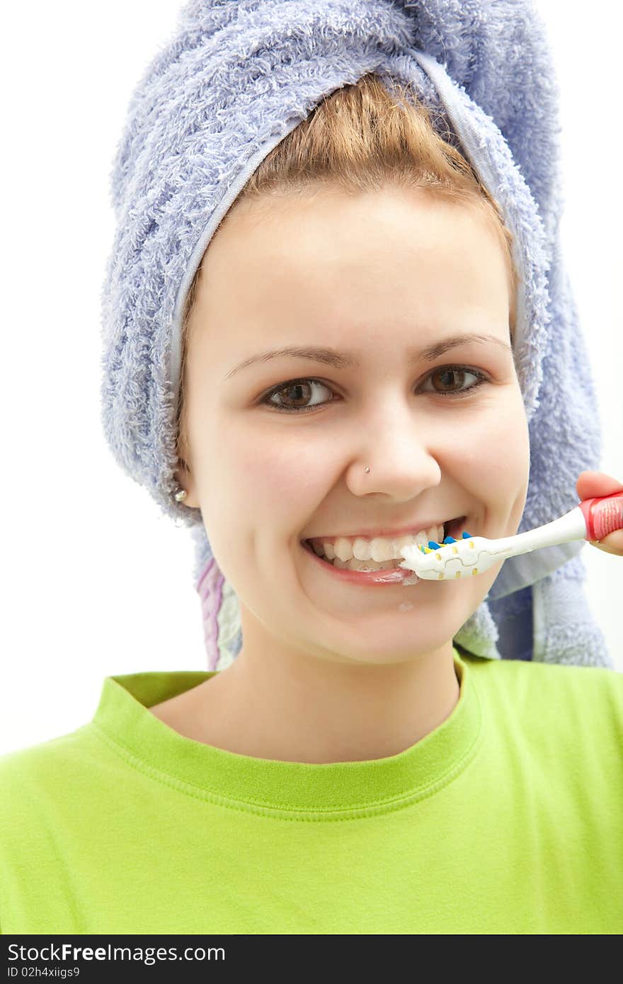 Young woman end toothbrush