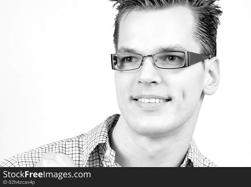 A young and happy handsome businessman, isolated over white background. He is now a professional part-time model