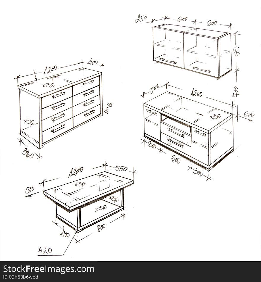 Modern Interior Design Freehand Drawing.