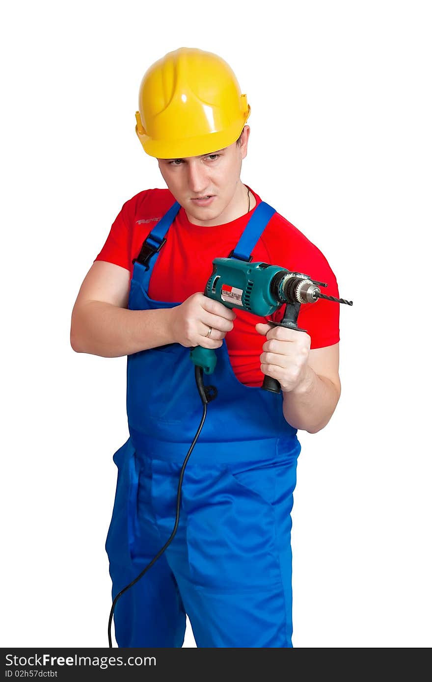 The nagging worker in uniform and hardhat with drill. The nagging worker in uniform and hardhat with drill.