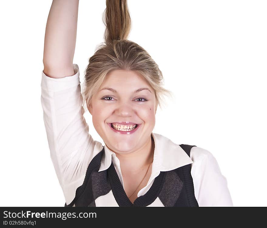 Close-up portrait of beautiful blonde model looking and happy smiling