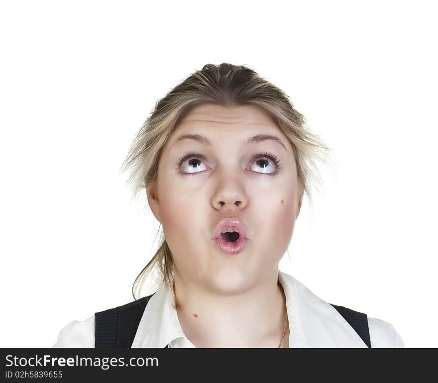 Blond woman, posing playful on white