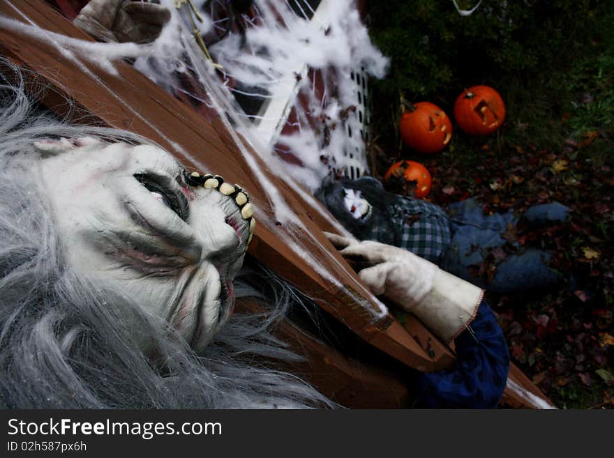 Masks, jack-o-lanterns, cobwebs on a fall day. Masks, jack-o-lanterns, cobwebs on a fall day