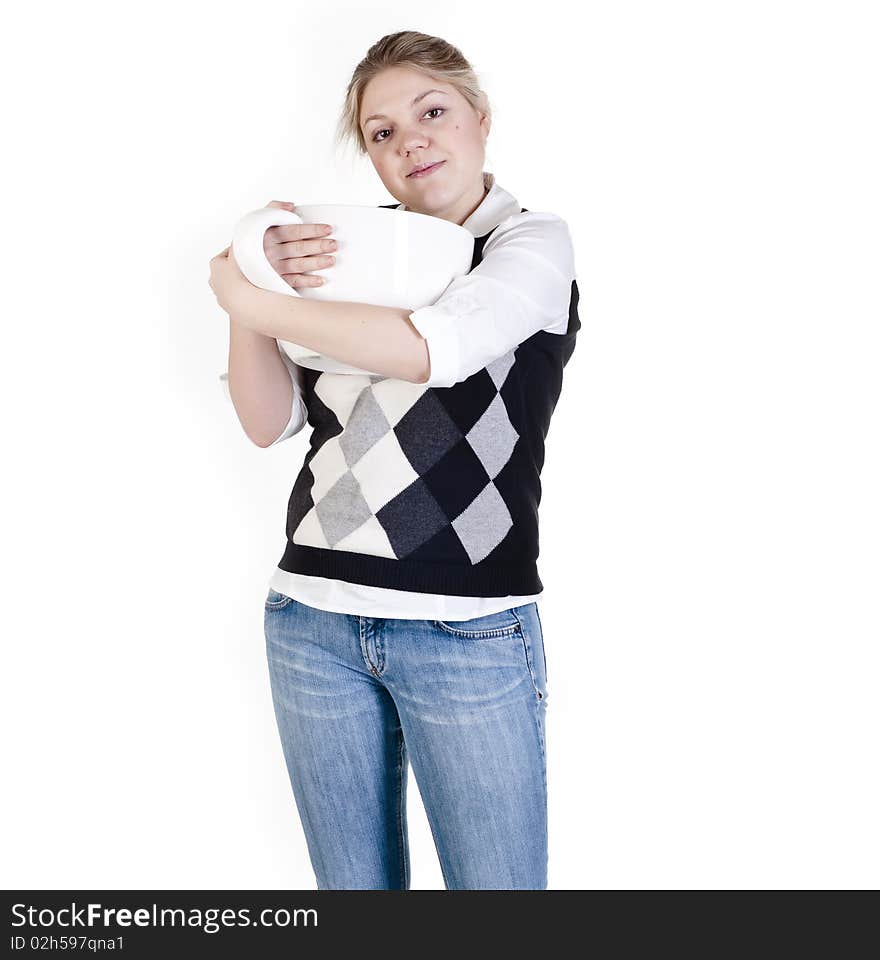 The beautiful young woman holding big coffee cup