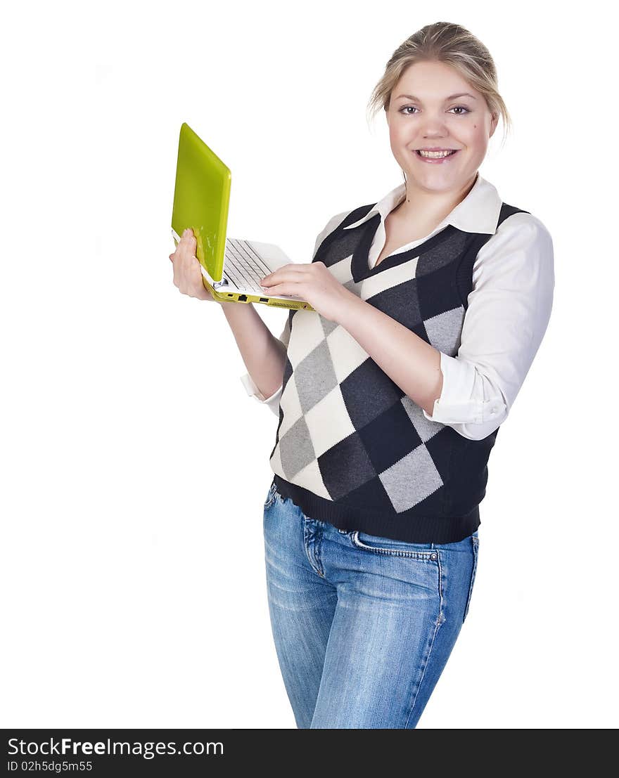 Attractive blond woman isolated on a white background with laptop. Attractive blond woman isolated on a white background with laptop