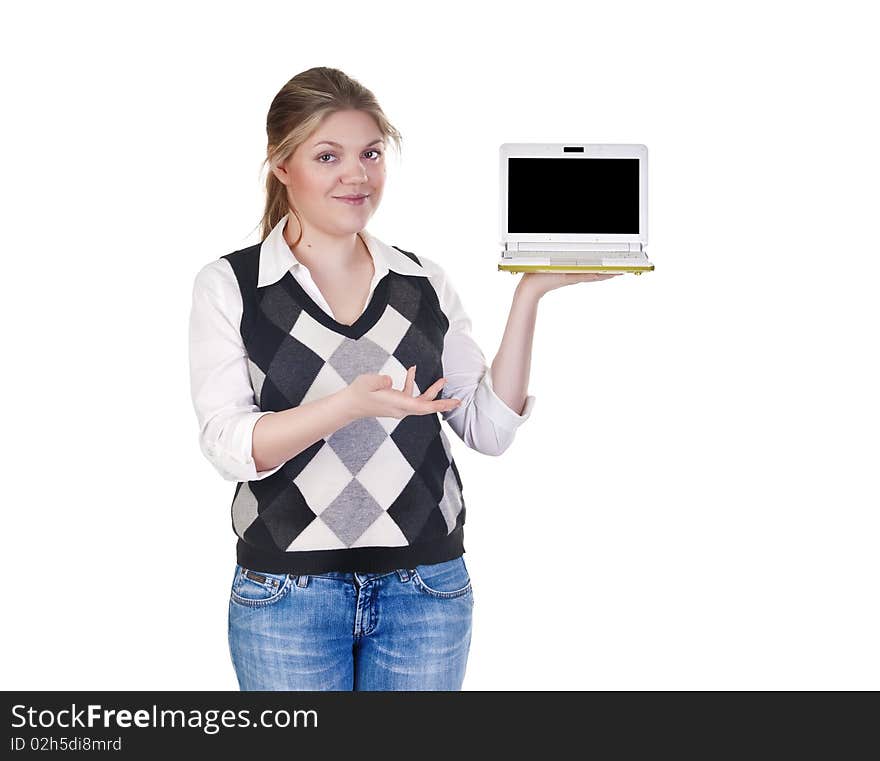 Attractive blond business woman isolated on a white background with laptop. Attractive blond business woman isolated on a white background with laptop