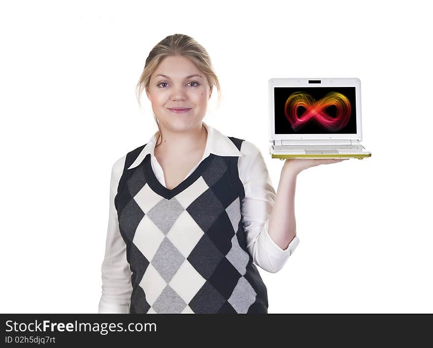 Attractive blond business woman isolated on a white background with laptop