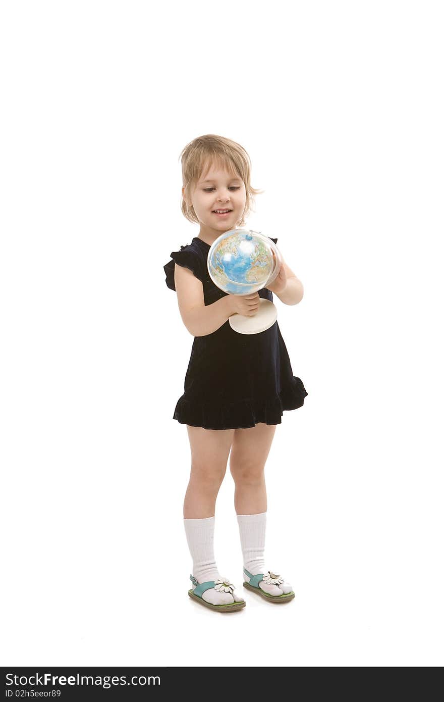 Girl looking at globe on white