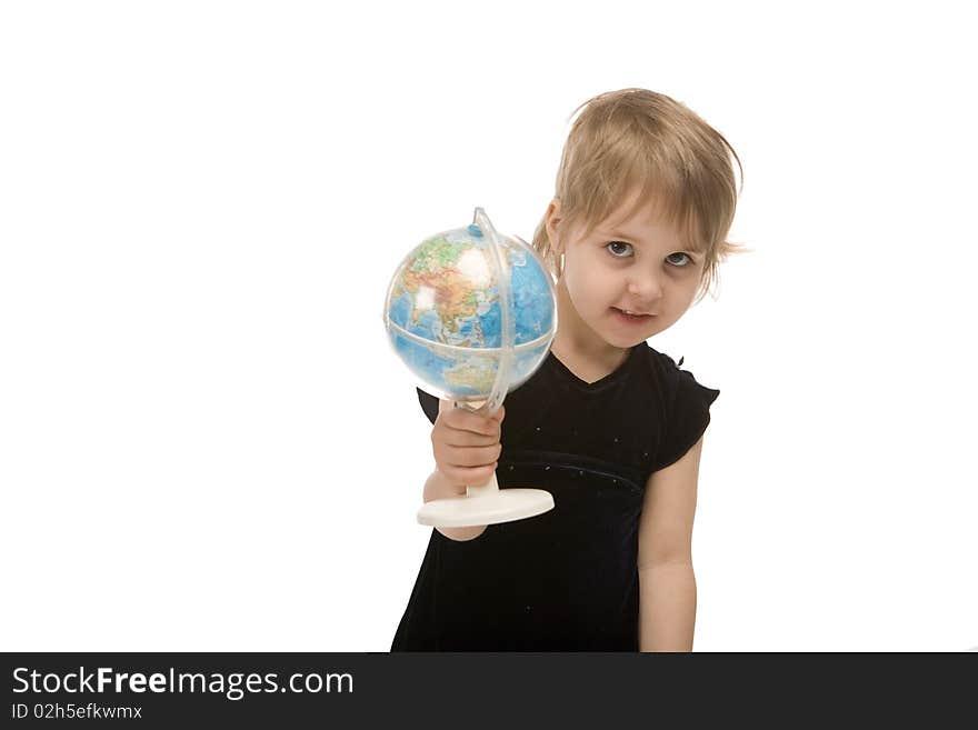 Child shows a globe on white