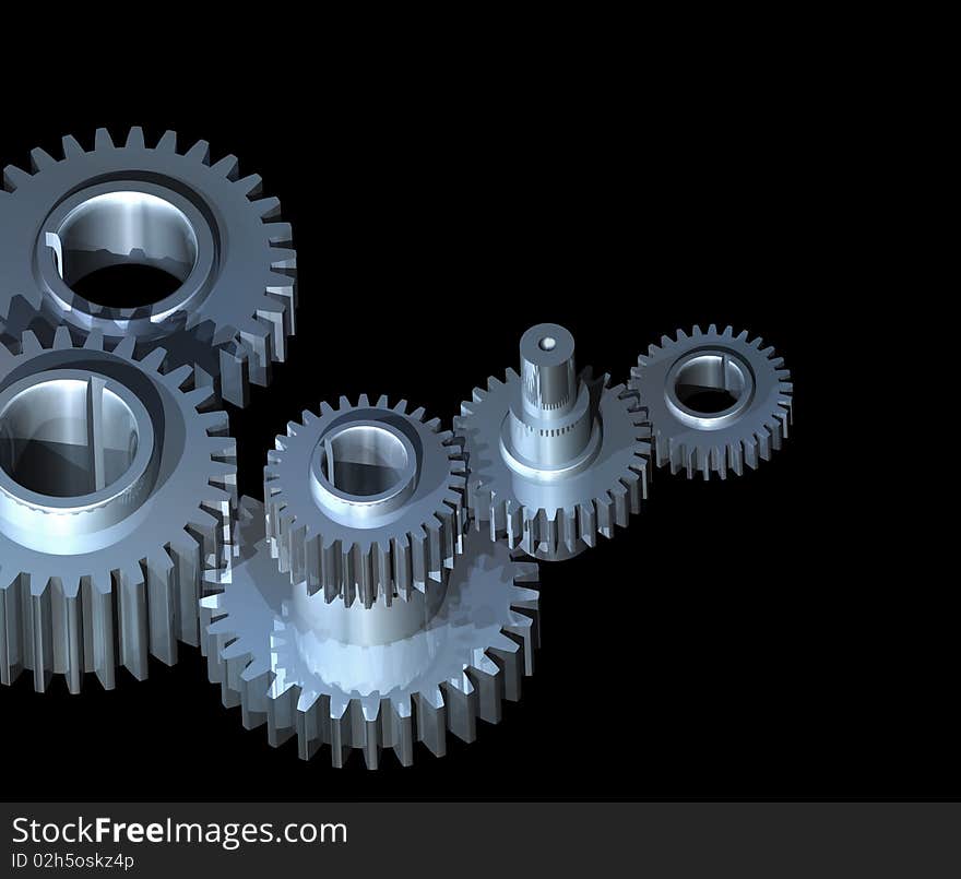 Complex mechanism of gear wheels and axles working together. Complex mechanism of gear wheels and axles working together