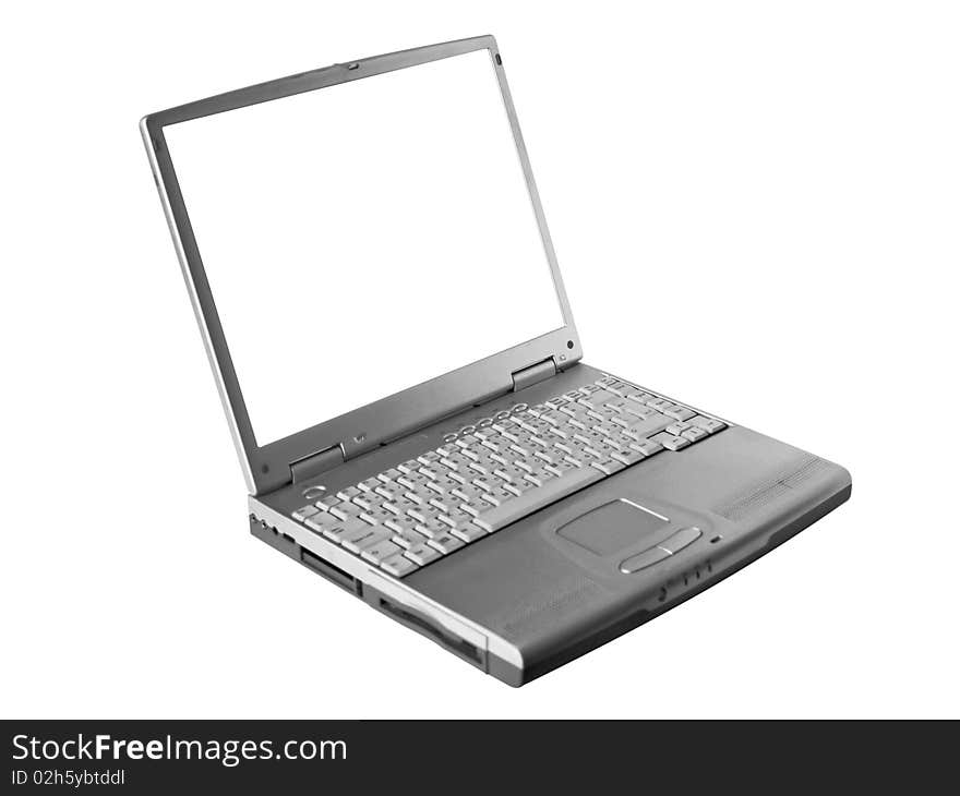 The laptop of silvery colour on a white background close up