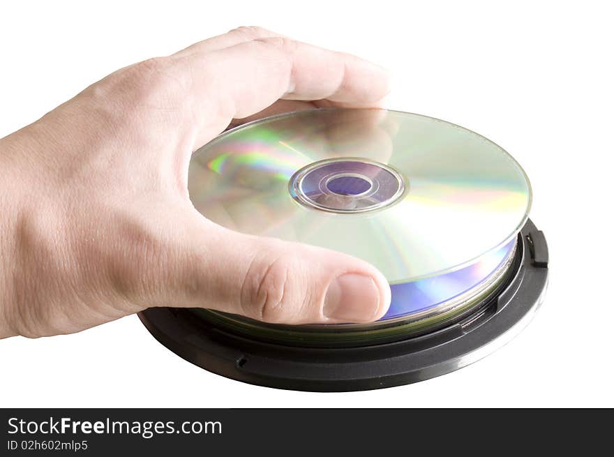 CDs in his hand on a white background