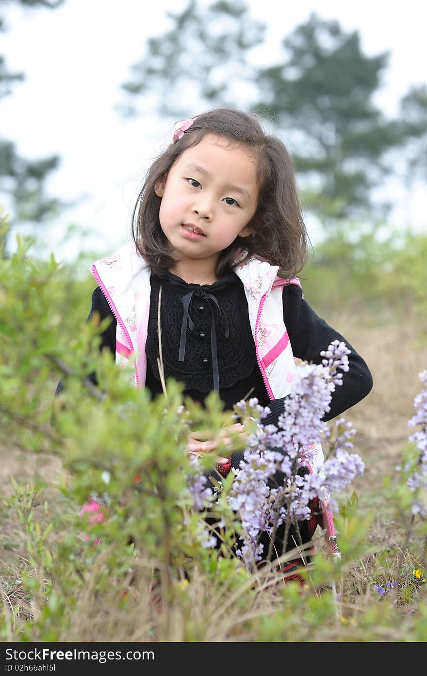 Lovely little asian girl in flowers.