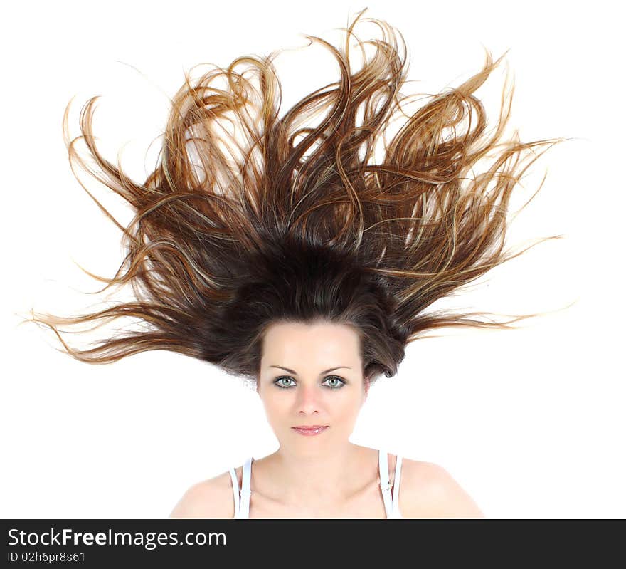 The woman looking up on white background. The woman looking up on white background