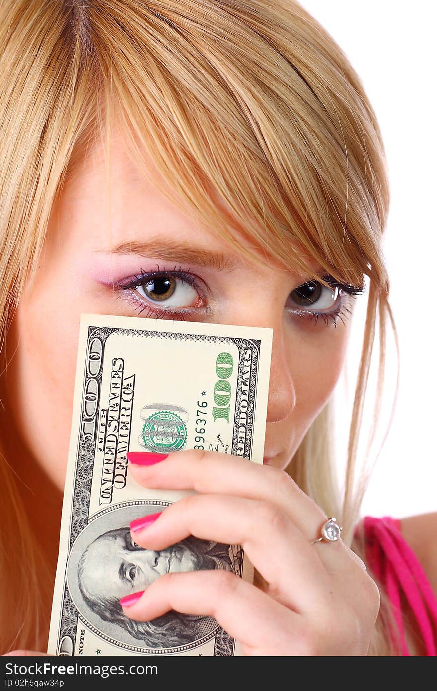 Woman holding money, shot on white background