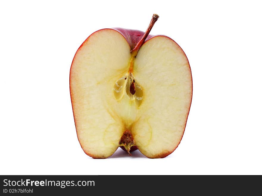 Close up of half red apple isolated on white background.