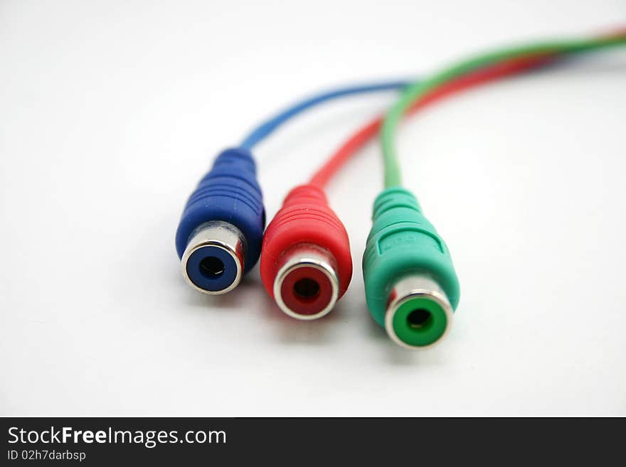 Three color component video cable 3 jack close up. Three color component video cable 3 jack close up