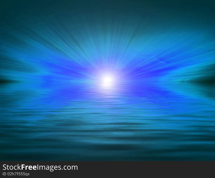 Glowing sunset on a bright blue background