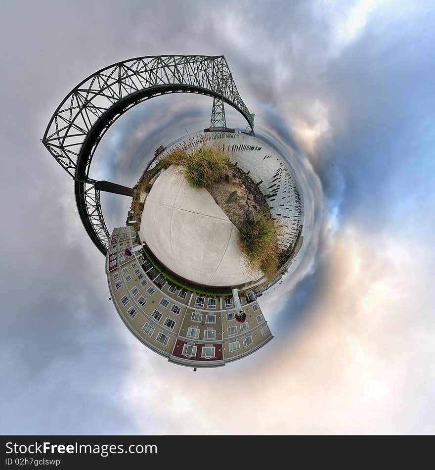 Stereographic abstract image of a bridge going over water