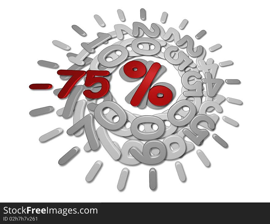 Illustration about discounts - -75 percent - 3D. Illustration about discounts - -75 percent - 3D