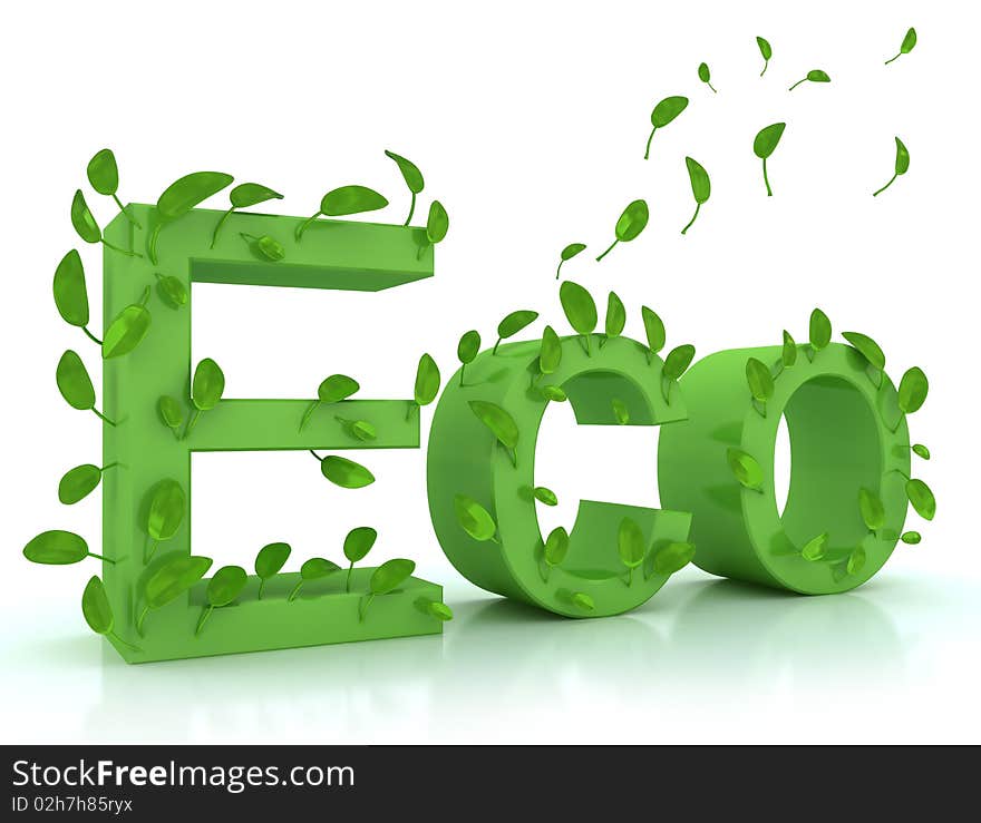 Green word ECO with leaves. 3D render.