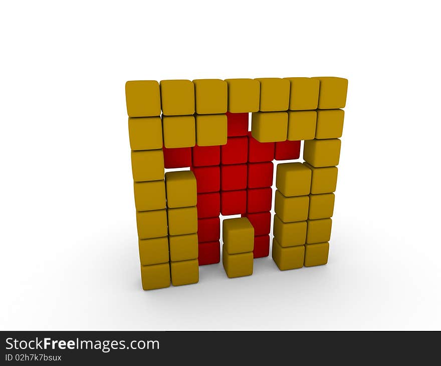 Cube man in red isolated on white and a wall