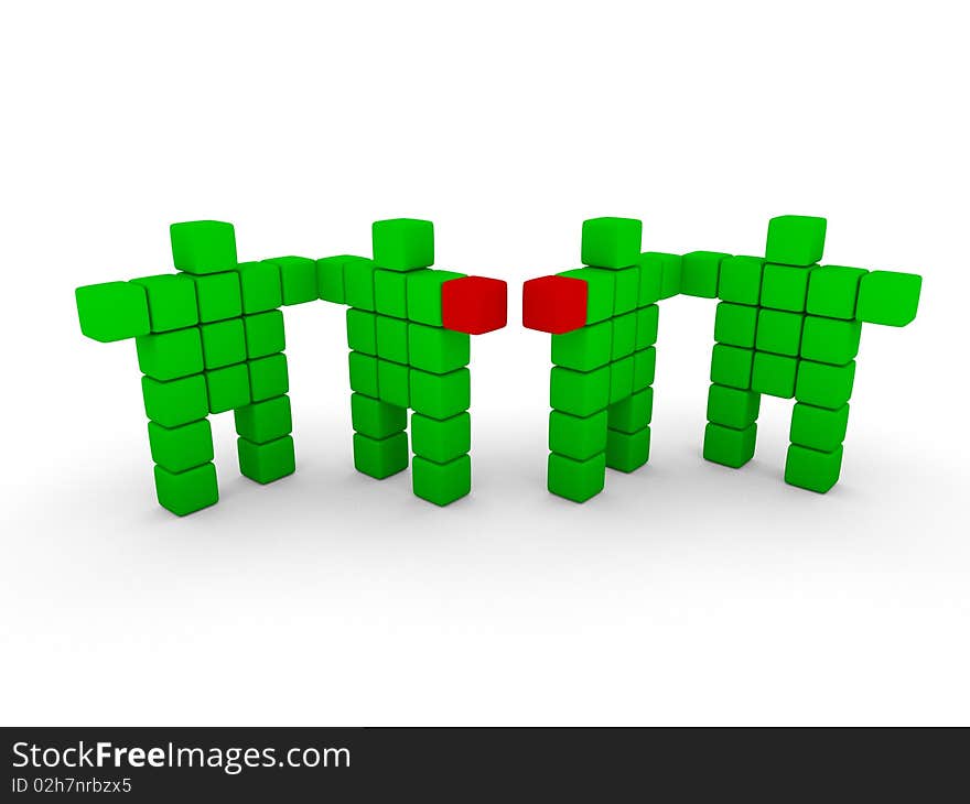 Green cube mans in chain with broken link. Green cube mans in chain with broken link