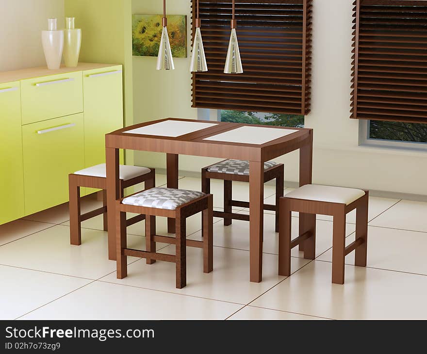 Dining room, 3d interior, dining table with chairs