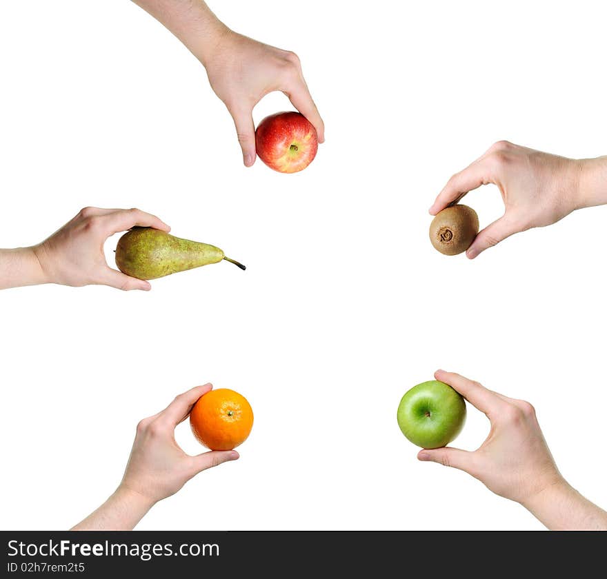 Hands offering different fruits isolated on white background. Hands offering different fruits isolated on white background