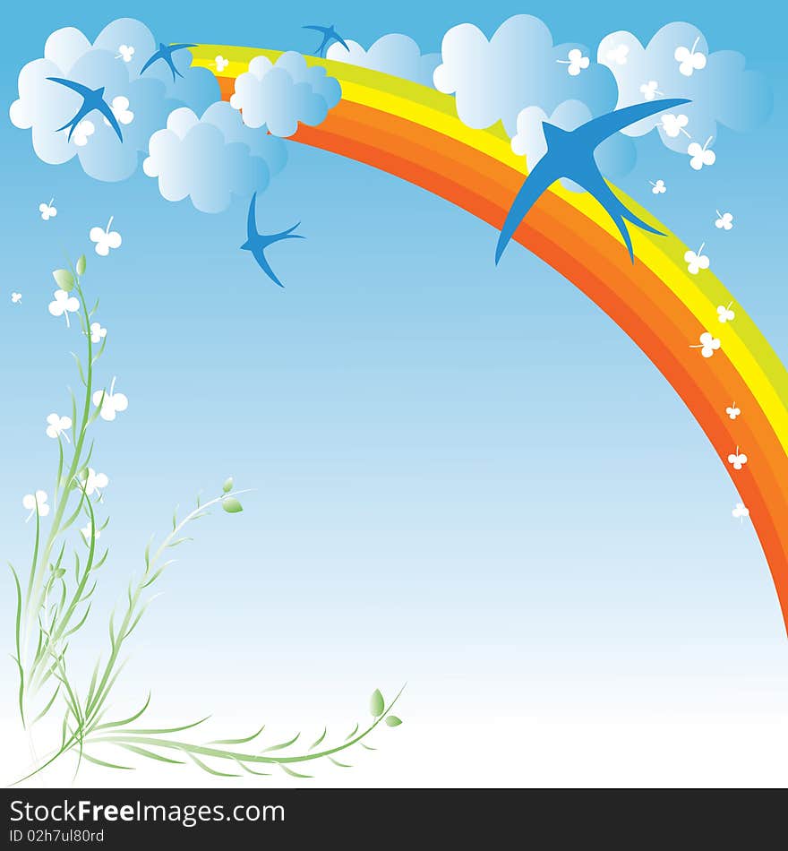 Spring design with clouds, rainbows and birds