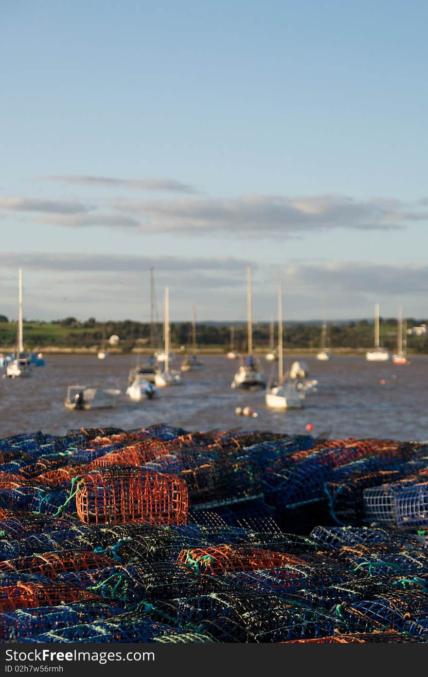 Lobster traps and fishing boats