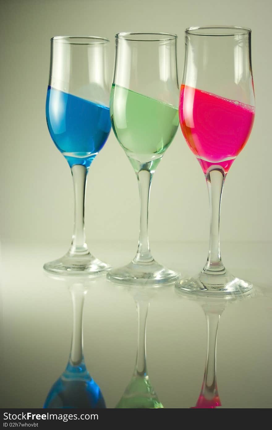 3 color liquid in glasses. 3 color liquid in glasses