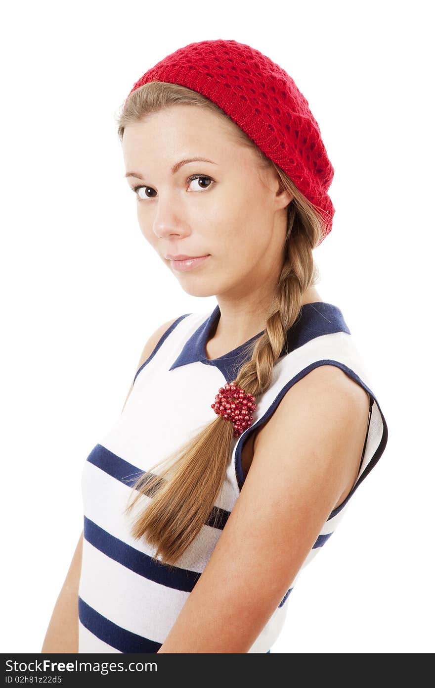 Girl in red hat isolated on white